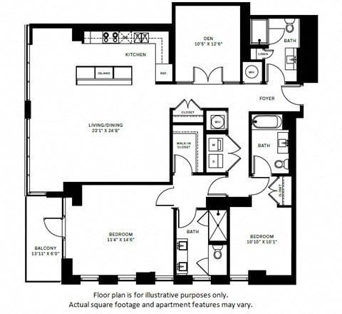 Floor plan for 2 beds, 3 baths, 1743 sqft